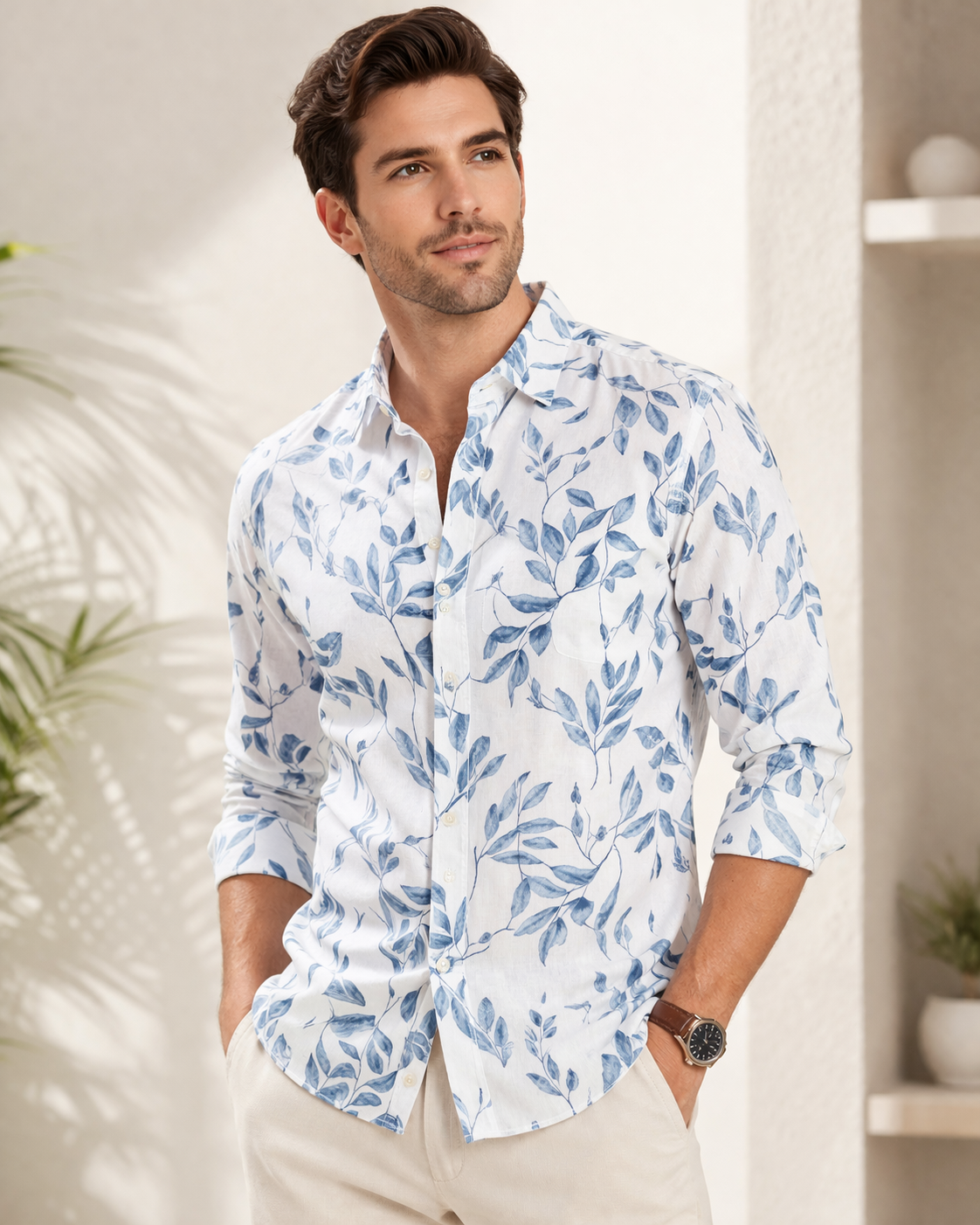 Casual summer fashion in serene studio Men's Leaf Print Casual Shirt - Image 1