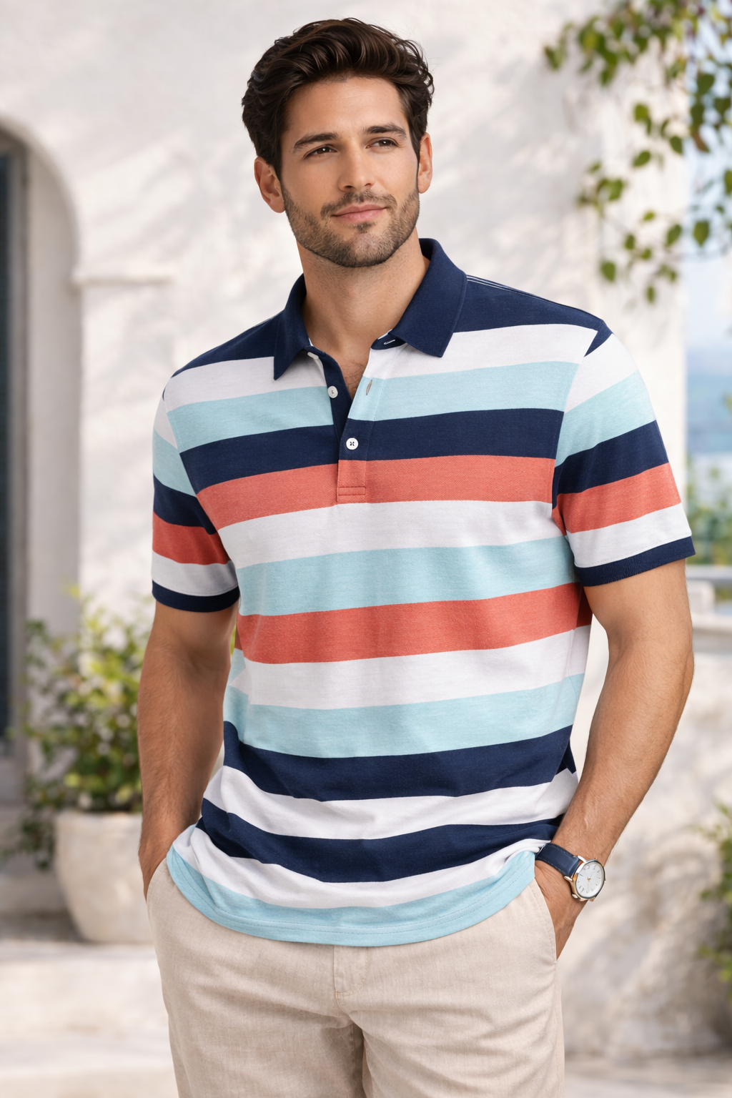 Stylish man by the Mediterranean sea Men's Striped Polo T-Shirt - Image 1